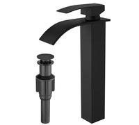RUMOSE Tall Matte Black Bathroom Faucet with Pop Up Drain Modern Single Handle One Hole Bathroom Vessel Sink Faucet Waterfall Spout Rv Lavatory Vanity Faucet Deck Mount Mixer Tap, Stainless Steel