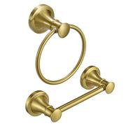 RUMOSE Toilet Paper Holder and Hand Towel Ring Brushed Gold Wall Mount Bathroom Hardware Accessories 2 PCS Set Flexible Pivoting Toilet Tissue Roll Holder and Towel Hanger, Stainless Steel
