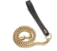 RUMYPET 18K Gold Dog Chain Leash 11MM/15MM Solid Chew Proof 316L Stainless Steel Cuban Link Chain with Smooth Leather Handle Beautiful Leash for Walking Training 3FT/4FT/5FT(15mm,3ft)