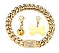 RUMYPET Gold Dog Chain Collar 18K Cuban Link Chain Collar with Cubic Zirconia Design Buckle, Dog ID Tag and Bell 15mm/19mm Heavy Duty Chew Proof Stainless Steel Dog Chain Collar 10-26inch(19mm,10inch)