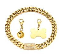 RUMYPET Gold Dog Chain Collar 18K Cuban Link Chain Collar with Cubic Zirconia Design Buckle, Dog ID Tag and Bell 15mm/19mm Heavy Duty Chew Proof Stainless Steel Dog Chain Collar 10-26inch(15mm,26inch)