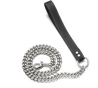 RUMYPET Silver Chain Dog Leash 11MM/15MM Solid Chew Proof 316L Stainless Steel Cuban Link Chain with Genuine Leather Handle Training Walking 3FT/4FT/5FT for Small Medium Large Dogs(15mm,4ft)