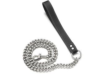 RUMYPET Silver Chain Dog Leash 11MM/15MM Solid Chew Proof 316L Stainless Steel Cuban Link Chain with Genuine Leather Handle Training Walking 3FT/4FT/5FT for Small Medium Large Dogs(15mm,4ft)