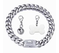 RUMYPET Silver Dog Chain Collar Cuban Link Chain Collar with Cubic Zirconia Buckle, Dog ID Tag and Bell 15mm/19mm Strong Heavy Metal Stainless Steel Chain Dog Collar 10-26inch(19mm,24inch)