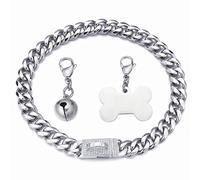 RUMYPET Silver Dog Chain Collar Cuban Link Chain Collar with Cubic Zirconia Buckle, Dog ID Tag and Bell 15mm/19mm Strong Heavy Metal Stainless Steel Chain Dog Collar 10-26inch(15mm,20inch)