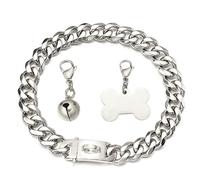 RUMYPET Silver Dog Chain Collar Cuban Link Chain Collar with Design Buckle, Dog ID Tag and Bell 15mm/19mm Strong Heavy Metal Stainless Steel Chain Dog Collar 10-26inch(15mm,14inch)