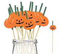 Rumyve 12cm Pumpkin Toothpicks, 100 Pieces Halloween Pumpkin Cocktail Bamboo Sticks, Mini Food Decorations, Halloween Decorations, Cake Mini Snacks