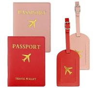 Rumyve 2PCS Luggage Tags and Passport Holder Adjustable Straps PU Leather Travel Accessories for Preventing Lost Luggage (Red, Pink)