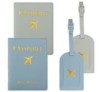 Rumyve 2PCS Luggage Tags and Passport Holder Adjustable Straps PU Leather Travel Accessories for Preventing Lost Luggage (Grey, Blue)