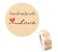 Rumyve 500 Pcs Round Label Stickers,1 Roll Self-Adhesive Kraft Stickers,Hand Made with Love Labels for Envelopes Scrapbooks Dessert Baking Homemade DIY Gifts Decorating