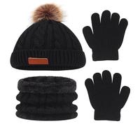 Rumyve Children's Knitted Set, 3-Piece Winter Warm Set, Gloves, Hats & Scarves, Flexible & Warm, Essential for Outdoor Activities (Black)