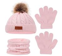 Rumyve Children's Warm Set, 3-Piece Winter Knitted Set - Gloves, Hats & Scarves, Flexible & Warm for Outdoor Activities (Pink)