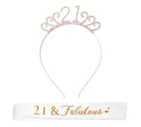 Rumyve Rose Gold Birthday Crown and Sash - Crystal Tiara Birthday,Personalized Birthday Sashes for Birthday Party Decorations（21 th)