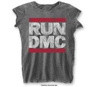 Run DMC T Shirt Classic Band Logo Official Womens New Grey Skinny Fit Burnout