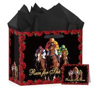 Run for The Roses Decorations Red Kentucky Gift Bag with Tissue Paper and Card Horse Racing Theme Party Wrapping Bag with Handle Derby Day Favor Bag for Horse Racing Birthday Party Supplies (Black)
