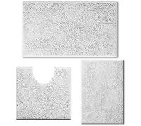 RUN HELIX Chenille Bath Mat Non Slip, Bath Mat Set 3 Piece, Shaggy Bathroom Mats, Absorbent Bath Mats for Bathroom, Fluffy Bathrooms Mat Set with U-Shaped Toilet Rug (White)