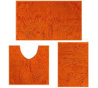 RUN HELIX Ultra Soft Chenille Bath Mat Non Slip, Bath Mat Set 3 Piece, Shaggy Bathroom Mats, Absorbent Bath Mats for Bathroom, Fluffy Bathrooms Mat Set with U-Shaped Toilet Rug (Orange)