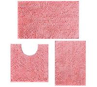 RUN HELIX Ultra Soft Chenille Bath Mat Non Slip, Bath Mat Set 3 Piece, Shaggy Bathroom Mats, Absorbent Bath Mats for Bathroom, Fluffy Bathrooms Mat Set with U-Shaped Toilet Rug (Pink)