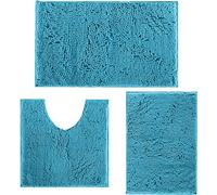 RUN HELIX Ultra Soft Chenille Bath Mat Non Slip, Bath Mat Set 3 Piece, Shaggy Bathroom Mats, Absorbent Bath Mats for Bathroom, Fluffy Bathrooms Mat Set with U-Shaped Toilet Rug (Lake Blue)
