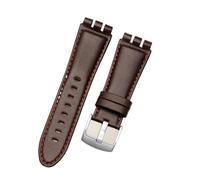 Run Ken Compatible With Swatch Watchband 23mm Soft Waterproof Genuine Leather Zwart Brown Cowhide Bracelet(B Dark brown,23mm silver clasp)