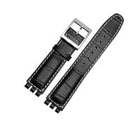 Run Ken Genuine Leather Bracelet Compatible With Swatch Watch Band 17mm 19mm Wrist Strap Blue Red Black Watchbands(Black white silver,17mm)