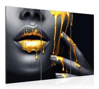 Runa Art Lips Gold Black Canvas Wall Art for Living Room XXL Woman Beauty Fashion 120 x 80 cm 3 Pieces Wall Decoration 041531a