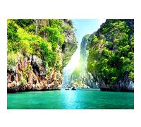 Runa Art Photo Wallpaper Beach Sea Mountains 352 x 250 cm Non-Woven Wall Art XXL Moderne Living Room Bedroom Green Blue 9011011b