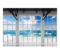 Runa Art Photo Wallpaper Window Beach sea 352 x 250 cm Non-Woven Wall Art XXL Moderne Living Room Bedroom Blue White 9188011c
