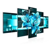 Runa Art - Wall Pictures Flowers Lilies 200 x 100 cm 5 Parts XXL Wall Art Non-woven Canvas Turquoise 008651a