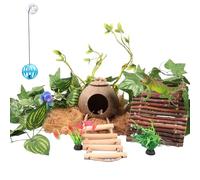 RUNANIA Crested Gecko Tank Accessories，Reptile Vines Plants with Coconut Shell Ladder Hideout Hermit Crab Decor for Bearded Dragon Lizard Chameleon Tortoise Snake