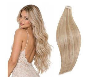 RUNATURE 16In Tape in Hair Extensions Real Human Hair Ash Blonde #18AP60 | Ash Blonde Highlight Blonde Tape in Hair Extensions Human Hair 20Pcs/50G, Remy Invisible Tapes, Smooth, Adds Length