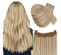 RUNATURE 20 Inch Invisible Wire Hair Extensions Real Human Hair Invisible Fish Line Hair Extensions Human Hair Blonde Highlight Ash Blonde One Piece Wire Hair 100g #18/613