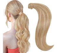 RUNATURE Blonde Ponytail Extension Human Hair Golden Blonde Highlight Light Blonde Clip in Ponytail Hair Extensions Human Hair Ponytail Blonde 12 Inch 70g