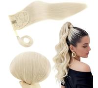 RUNATURE Blonde Ponytail Hair Extensions - Real Human Hair, White Blonde, 14 Inch, 70 Gram