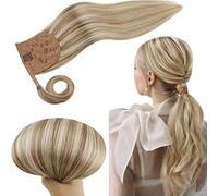 RUNATURE Blonde Real Hair Ponytail Extension Highlight Brown Ponytail Hair Extensions Real Human Hair Blonde Clip in Ponytail Hair Extensions Straight 16 Inch 80 Gram