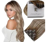 RUNATURE Clip in Hair Extensions Real Human Hair Blonde Ombre Brown Clip in Human Hair Extensions Balayage Blonde Human Hair Clip in Extensions 14 Inch 120 Gram 7PCS