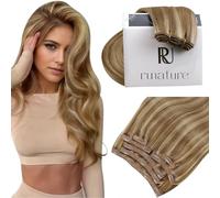 RUNATURE Hair Extensions Clip in Human Hair 10 Inch Clip in Hair Extensions Real Human Hair Golden Brown Highlight Golden Blonde Full Head Straight Remy Hair 100 Gram 7PCS #10/16
