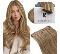 RUNATURE Hair Extensions Clip in Human Hair Blonde Highlight Brown Clip in Hair Extensions Real Human Hair Blonde Clip Hair 10 Inch 50g 3Pcs #10/16