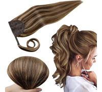 RUNATURE Human Hair Ponytail Extension Dark Brown Highlights Honey Blonde Clip in Ponytail Extension Real Hair Short Ponytail Hair Extension 14 Inch 70 Gram