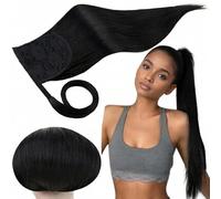 RUNATURE Human Hair Ponytail Extension Jet Black Clip in Ponytail Hair Extensions Real Hair Ponytail Extension Black Human Hair 16 Inch 80 Gram