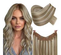 RUNATURE Invisible Wire Hair Exensions Real Human Hair 16 Inch Fish Line Hair Extensions Real Human Hair Ash Brown Highlight Blonde Wire Hair 100g #P8/24