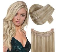 RUNATURE Invisible Wire Hair Extensions Real Human Hair 18 Inch Invisible Fish Line Hair Extensions Real Human Hair Dark Blonde Highlight Golden Blonde Invisible Wire 80g #16/22