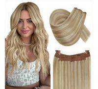 RUNATURE Invisible Wire Hair Extensions Real Human Hair Ash Blonde Highlight With Bleach Blonde Secret Fish Line Hair Extensions Human Hair 12 Inch 70g #18p613