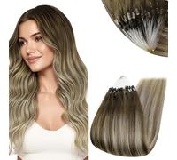 RUNATURE Micro Beads Hair Extensions Dark Brown Ombre Light Brown with Blonde Micro Ring Hair Extensions Real Human Hair 16 Inch 50g 1g/Strand #3/8/22