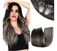 RUNATURE Micro Beads Hair Extensions Human Hair Black Micro Loops Hair Extensions Ombre Black to Silver cold fusion short straight 50g 50s 14 Inch #1B/S/1B