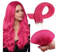 RUNATURE Micro Beads Hair Extensions Real Hair Hot Pink Micro Ring Human Hair Extensions Pink Micro Ring Human Hair Extensions Straight 22 Inch 25g 25 Strands