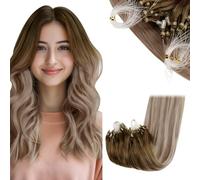 RUNATURE Micro Beads Hair Extensions Real Human Hair Blonde Ombre Micro Ring Hair Extensions Brown Balayage Invisible Micro Ring Hair 22 Inch 50g 1g/Strand #3/8/22