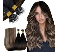 RUNATURE Nano Hair Extensions Human Hair 16 Inch Brown Nano Beads Hair Extensions Real Human Hair Brown Ombre to Blonde Balayage Straight Remy Hair 50g 50s #1b/4/27