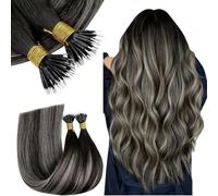 RUNATURE Nano Hair Extensions Real Human Hair Balayage Natural Black Silver Nano Beads Hair 50g 50s Invisible Nano Ring Straight Remy Hair 14 Inch #1b/s/1b