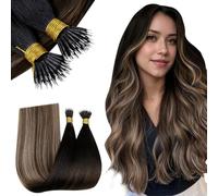 RUNATURE Nano Hair Extensions Real Human Hair Dark Brown Highlights Caramel Blonde Nano Ring Hair Extensions Human Hair Straight Remy Nano Hair 22 Inch 50g 50s #1b/4/27